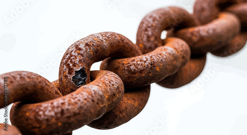 A close-up view of a rusty chain with a broken link on a white background