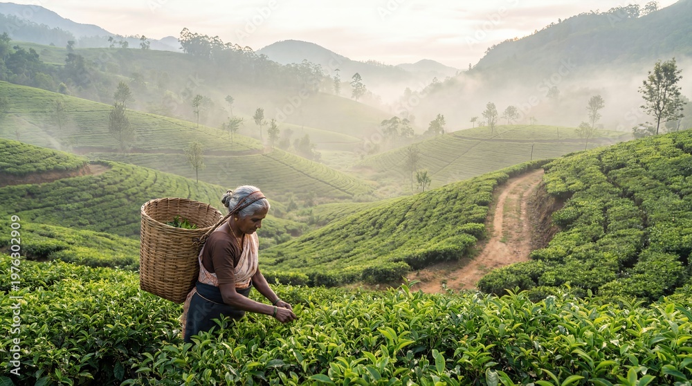 Fototapeta premium Elderly Woman Tea Picker Harvesting Green Leaves In Misty Plantation Hills