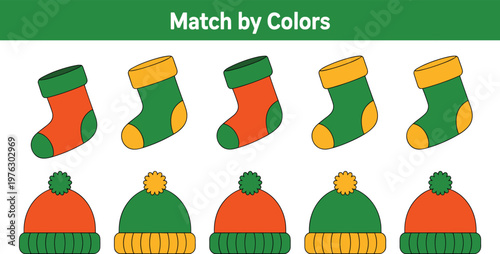 Educational matching game for kids to connect winter socks and hats by color isolated on a white background