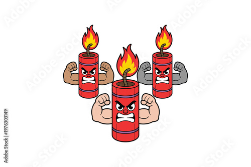 Cartoon illustration of angry dynamite sticks with flexed arms and lit fuses explosives