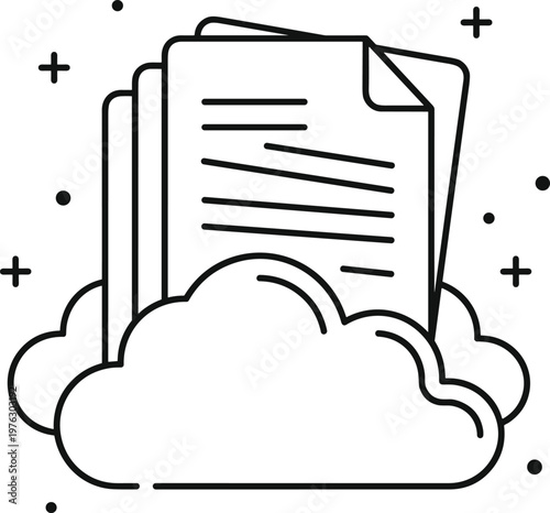 Cloud document storage concept with files and digital data backup representing online security sharing and information management line art illustration.eps