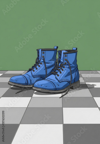 青い革ブーツが市松模様の床に置かれた静かなイラストレーション