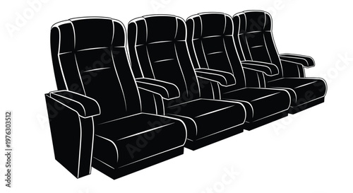 Four black cinema seats in a row modern design silhouette