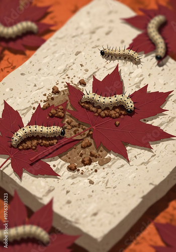 赤い葉の上に毛虫と土、背景に石板が見えるイラストイメージ