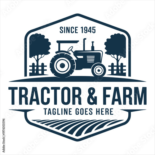 Classic vintage tractor and farm logo illustration featuring trees, a fence, and plowed fields