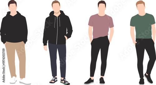 Set of stylish men wearing modern casual outfits including hoodies and t-shirts standing in various poses isolated on white