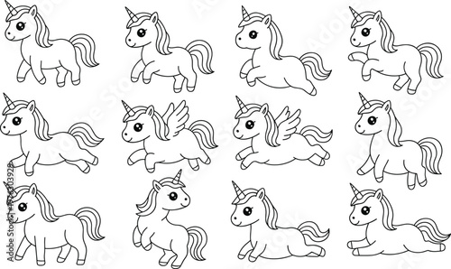 Large set of cute kawaii unicorn and pegasus line art characters in various poses isolated on white background