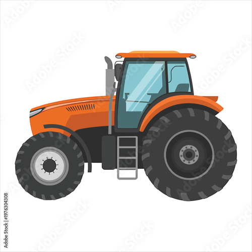 Modern agricultural farm tractor in bright orange color shown from the side on a white ground