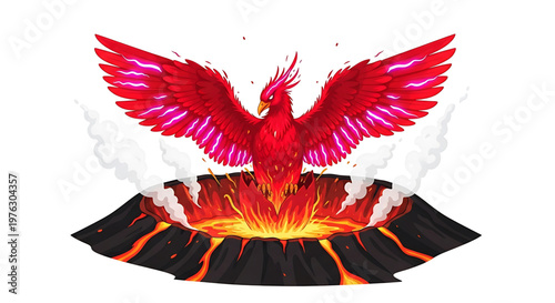 A vibrant red phoenix rises from a volcanic eruption in a stunning display of fiery rebirth and renewal.