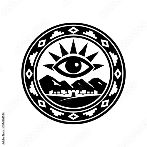 All seeing eye mountain sun emblem in bold monochrome