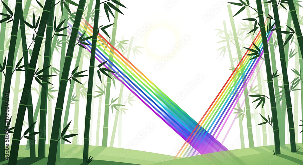 Naklejka premium A vibrant rainbow vector graphic intersecting in a serene bamboo forest