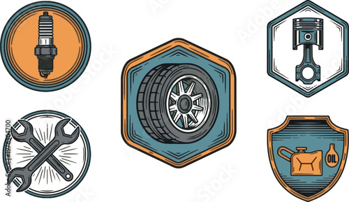 Car Service and Auto Repair Retro Icon Set with Tire, Spark Plug, Wrench, Piston, and Oil Can Labels