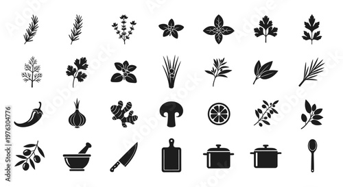 Collection of kitchen herbs and cooking utensils icons.