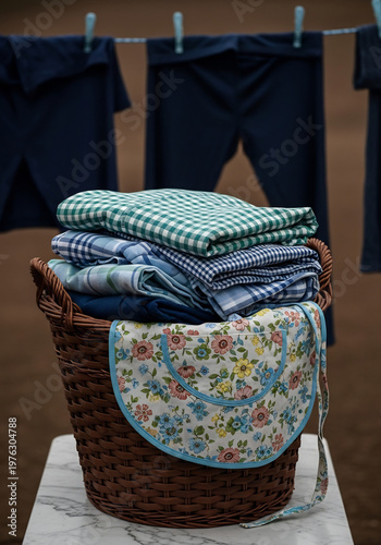 洗濯物が入ったかごが置かれ、青い衣類が物干し竿に吊るされている風景