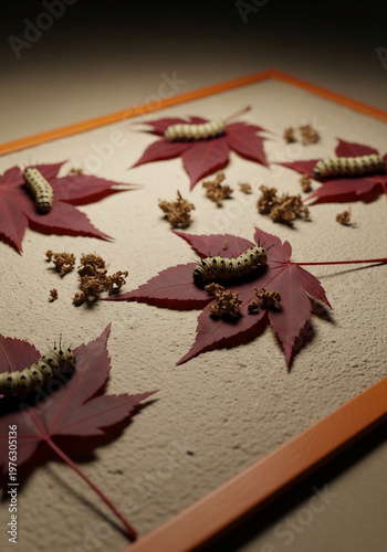 赤い葉の上にいる幼虫、オレンジ色のフレームに囲まれた自然の静物画