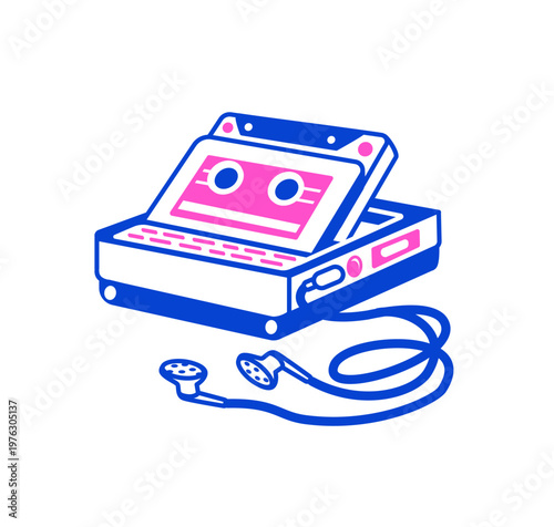 Vintage portable retro cassette player with headphones. Isolated hand-drawn illustration for 90s music, audio nostalgia, and retro aesthetic projects.