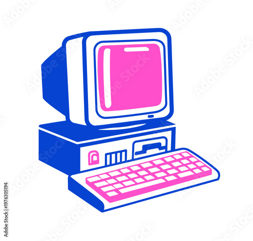 Vintage retro computer with a cute pink keyboard illustration. Isolated hand-drawn element for technology, nostalgia, and Y2K aesthetic designs.