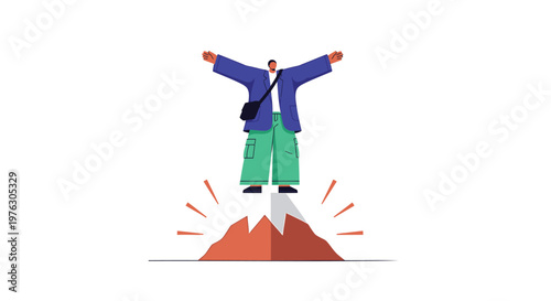 Victory, success, achievement concept, triumphant person on mountain peak, celebration