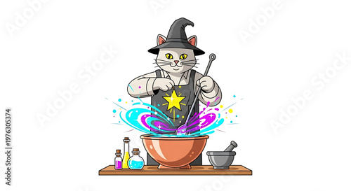 A cartoon cat in a witch's hat mixes a magical potion in a cauldron with colorful swirls and bottles nearby.