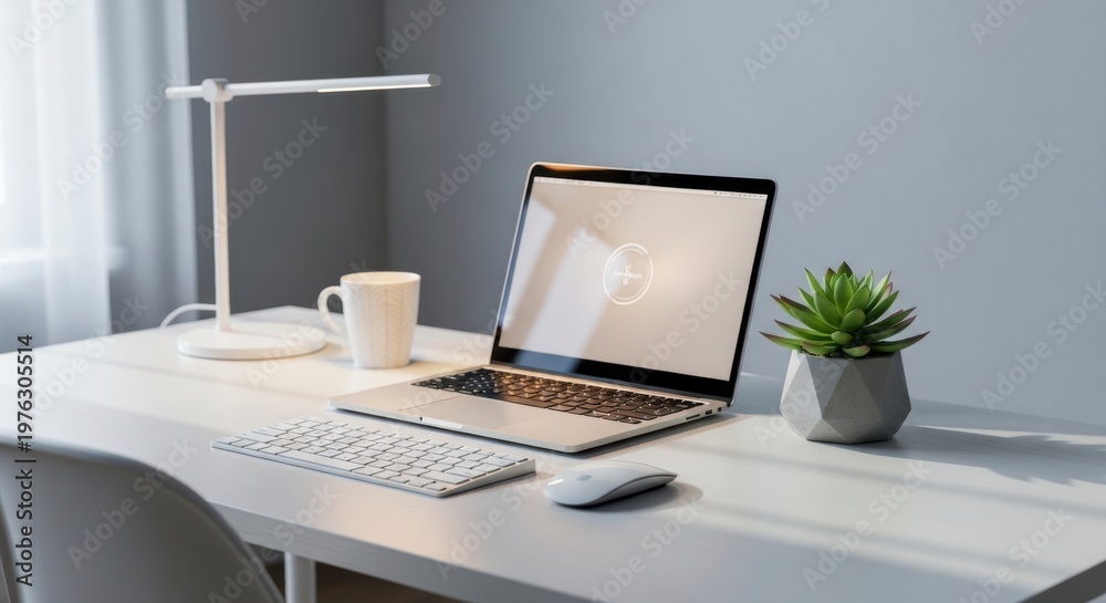 Fototapeta premium A modern home office setup with a laptop and minimalist decor