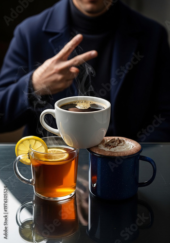 男性の手が示すサインと重ねられた温かい飲み物３種 (コーヒー、紅茶、ココア)