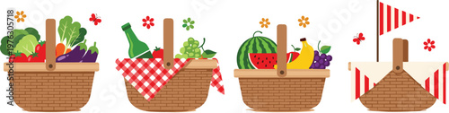 Picnic Basket Collection with Fresh Vegetables, Fruits, and Outdoor Food Essentials for Summer Lifestyle, Grocery, and Leisure Design Projects