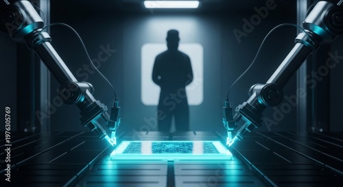Robotic arms assembling glowing microchip with human silhouette in background