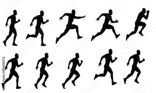 Minimalist black silhouettes showing dynamic running motion sequence, athletic sprint biomechanics illustration for sports, fitness, and training concepts