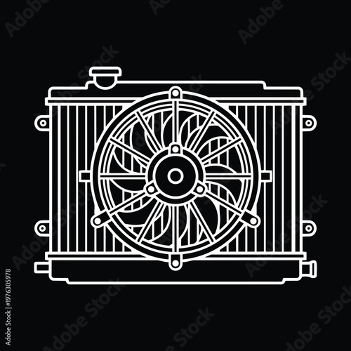 White Line Art Automotive Radiator and Cooling Fan Vector Icon 
