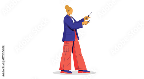 Vector illustration of a businessman, corporate executive, office worker, using smartphone and laptop