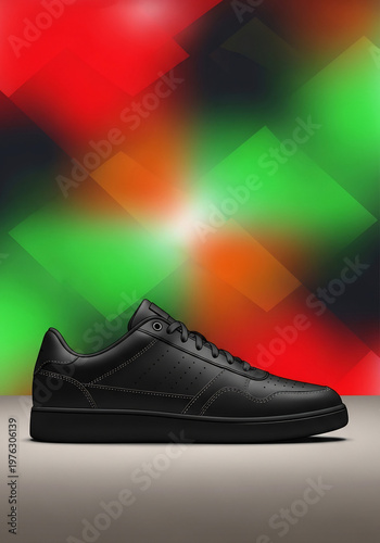 黒いシンプルなスニーカーがカラフルな背景に対して置かれているイメージ写真