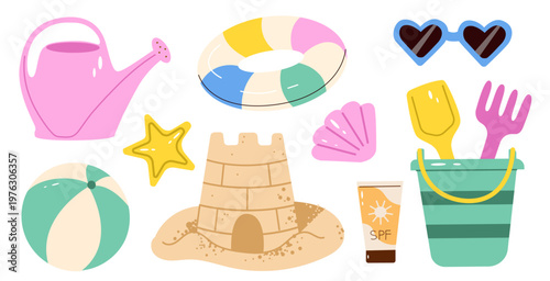 Children's beach toy Collection with sand castle, colorful swim ring, sunscreen, and bucket. Isolated summer vacation elements for childhood design projects.