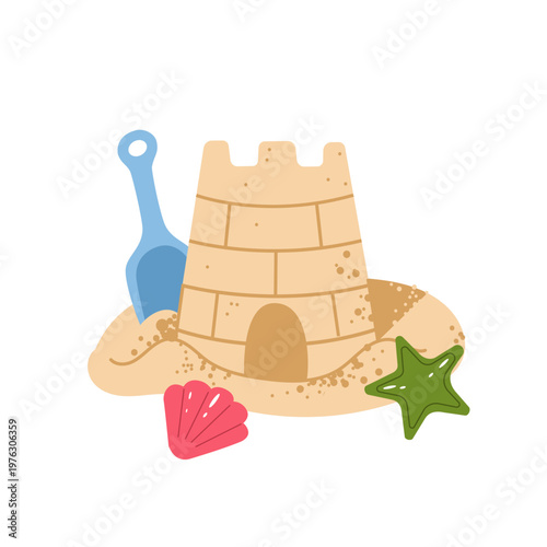 Stylized sand castle on a beach with a blue shovel, green starfish, and pink shell. Summer vacation element for kids play and childhood designs.