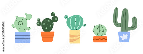 A collection of colorful indoor succulents and cacti in decorative pots. Diverse desert flora elements isolated on white for creative projects and botanical designs.