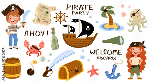 Collection of pirate elements featuring a ship, treasure chest, map, and boy and girl characters with fun quotes. Isolated nautical graphics for nursery and parties.
