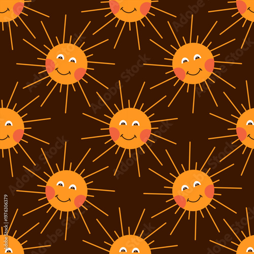 Decorative seamless pattern featuring cute smiling sun characters with rosy cheeks. Minimalist summer suns  background on dark brown surface.