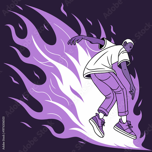 Skater in purple pants and flames with skateboard sneakers illustration lifestyle stylized abstract colorful athletic recreation activity clothing streetwear vigorous character