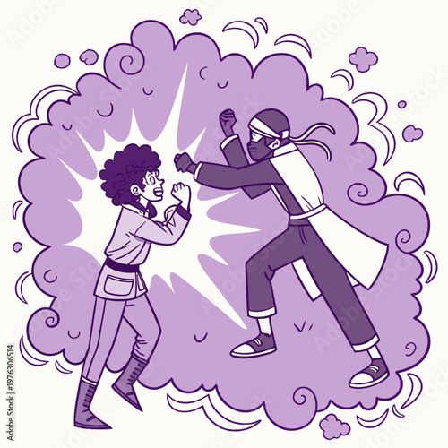 Two cartoon characters in martial arts poses clashing in a cloud of purple dust with fighting styles illustration characters competition confrontation training movement fight scene stylized