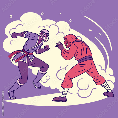 Two ninjas fighting in comic style with fighting warriors illustration training discipline strength traditional stylized character competition confrontation aggressive