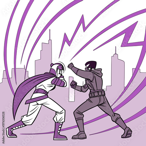 Superhero-style characters in a fight with city skyline background fighting styles superhero illustration competition confrontation movement characters fighting villainy struggle showdown