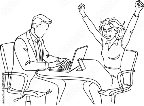 Businesswoman celebrating success at desk while colleague works on laptop representing achievement motivation and positive workplace energy line art illustration