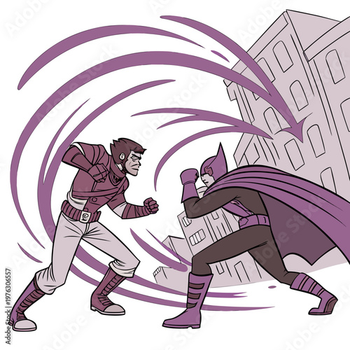 Two stylized figures in fighting stances with buildings in the background fighting styles martial arts kung fu illustration characters competition confrontation movement stylized buildings