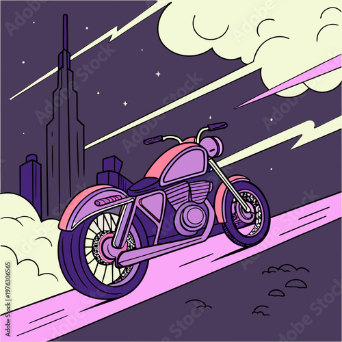 Retro style motorcycle riding on a road at night with city and clouds cafe racer dirt bike street bike touring bike motorcycle transport cruising illustration handlebars adventure scrambler