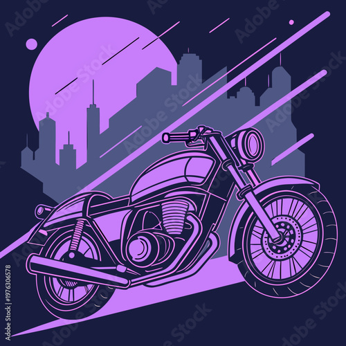 Stylized motorcycle with city silhouette and large moon background cafe racer street bike motorcycle silhouette illustration transport handlebars sportbike abstract stylized landscape