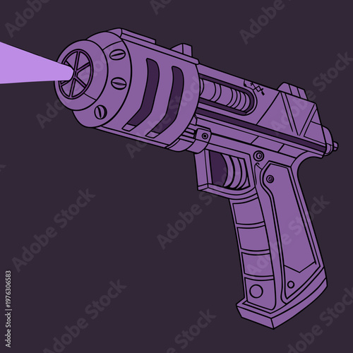 Futuristic purple ray gun shooting light beam with sci fi science fiction futuristic technology shooting projector illustration abstract minimalist criminal criminality