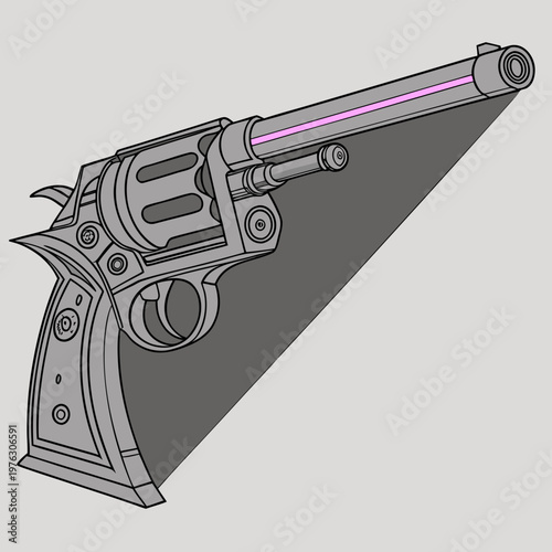 Vintage gray revolver with glowing pink barrel revolver cylinder shooting ammunition illustration criminal security enforcement