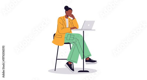 Businesswoman working on laptop, modern office illustration, professional woman, remote work