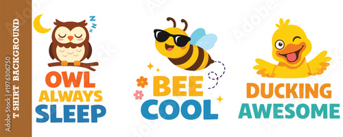 Cute animal characters with funny and cool phrases for t-shirt design, kids clothes.