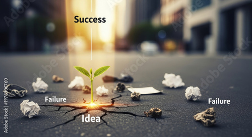 A young green sprout growing through a cracked asphalt road surrounded by crumpled paper and gears symbolizing a new creative idea blossoming into success through multiple failures and persistence