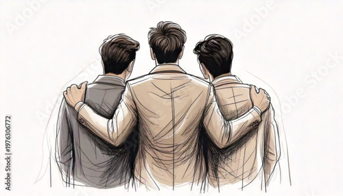 Three men standing together arms around shoulders.